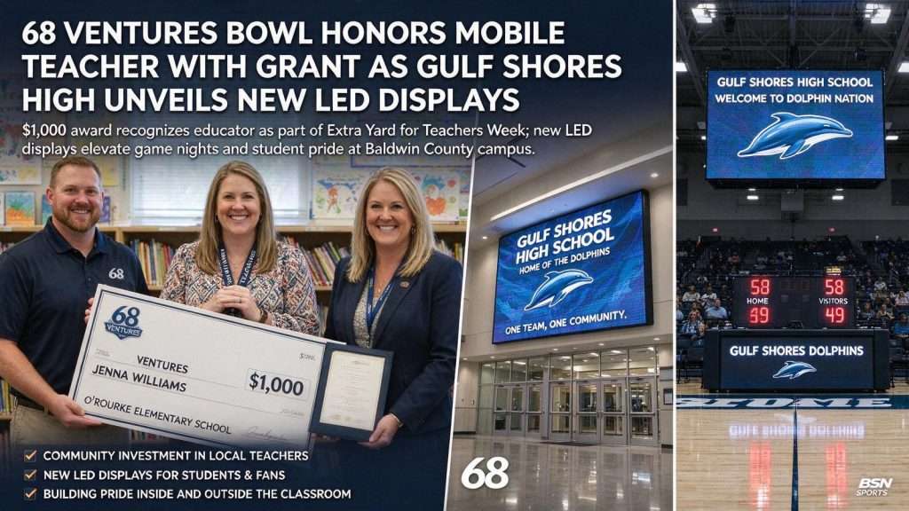 Illustration for the news story: 68 Ventures Bowl Honors Mobile Teacher With Grant as Gulf Shores High Unveils New LED Displays