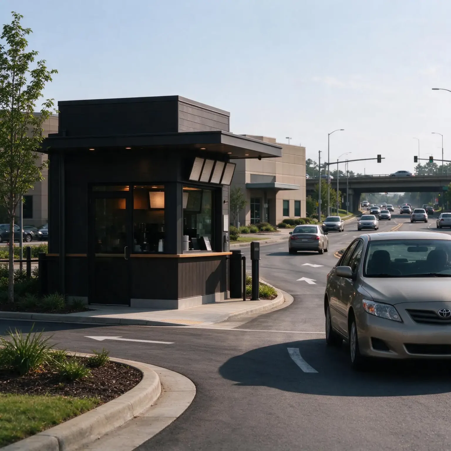 Cars lined up at a small modern drive-thru coffee stand on a busy city street on a sunny morning