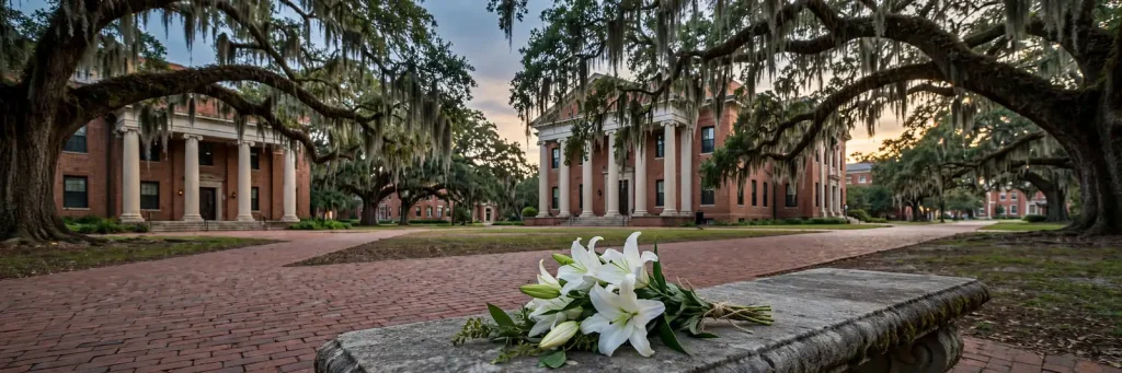 Brick university buildings and live oak trees at dusk with a bouquet of white lilies in the foreground, a symbolic tribute to a Mobile philanthropist