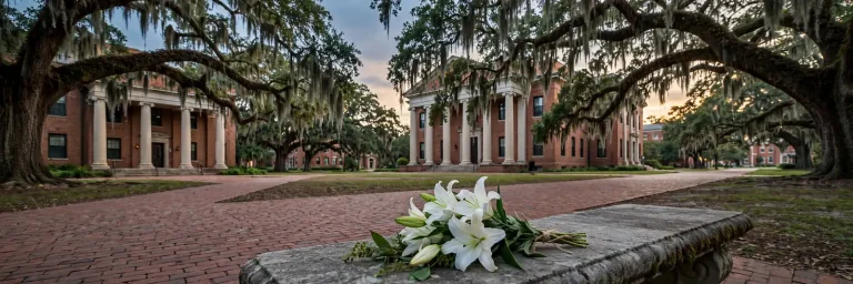 Brick university buildings and live oak trees at dusk with a bouquet of white lilies in the foreground, a symbolic tribute to a Mobile philanthropist