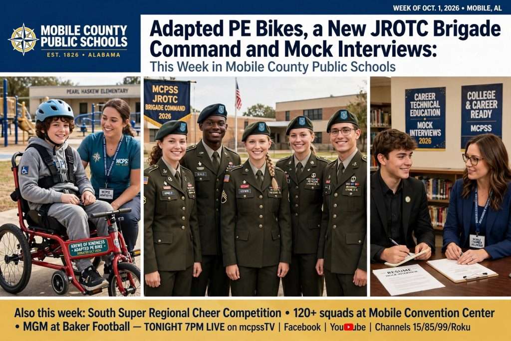 Illustration for the news story: Adapted PE Bikes, a New JROTC Brigade Command and Mock Interviews: This Week in Mobile County Public Schools