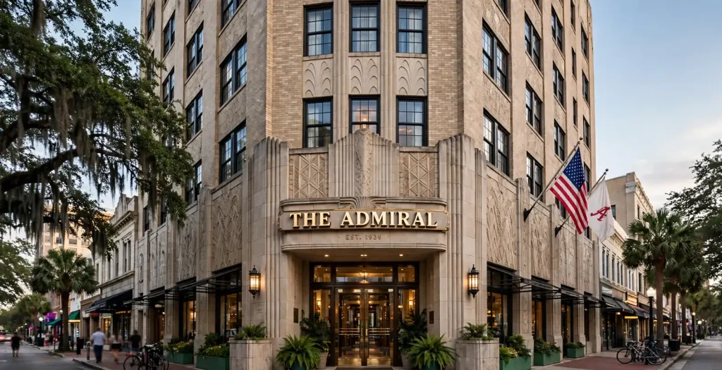 The Art Deco limestone facade and entrance of a historic downtown hotel with flags and live oaks