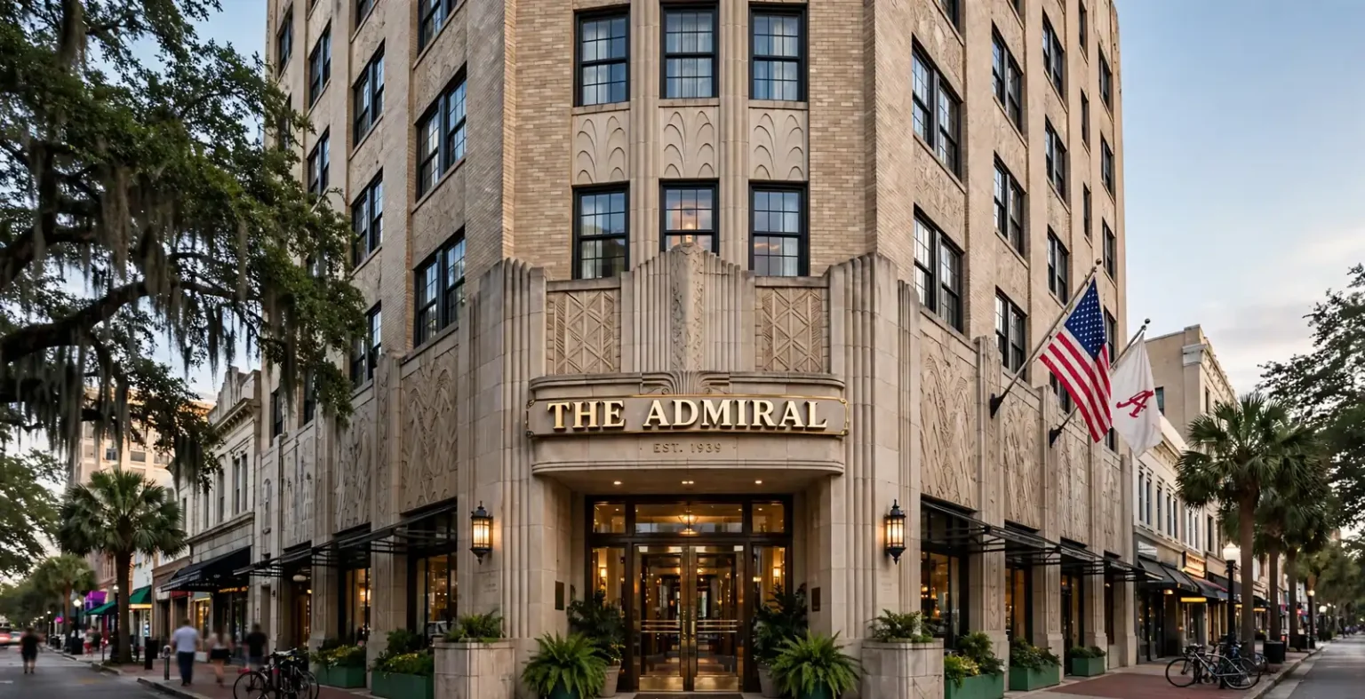 The Art Deco limestone facade and entrance of a historic downtown hotel with flags and live oaks