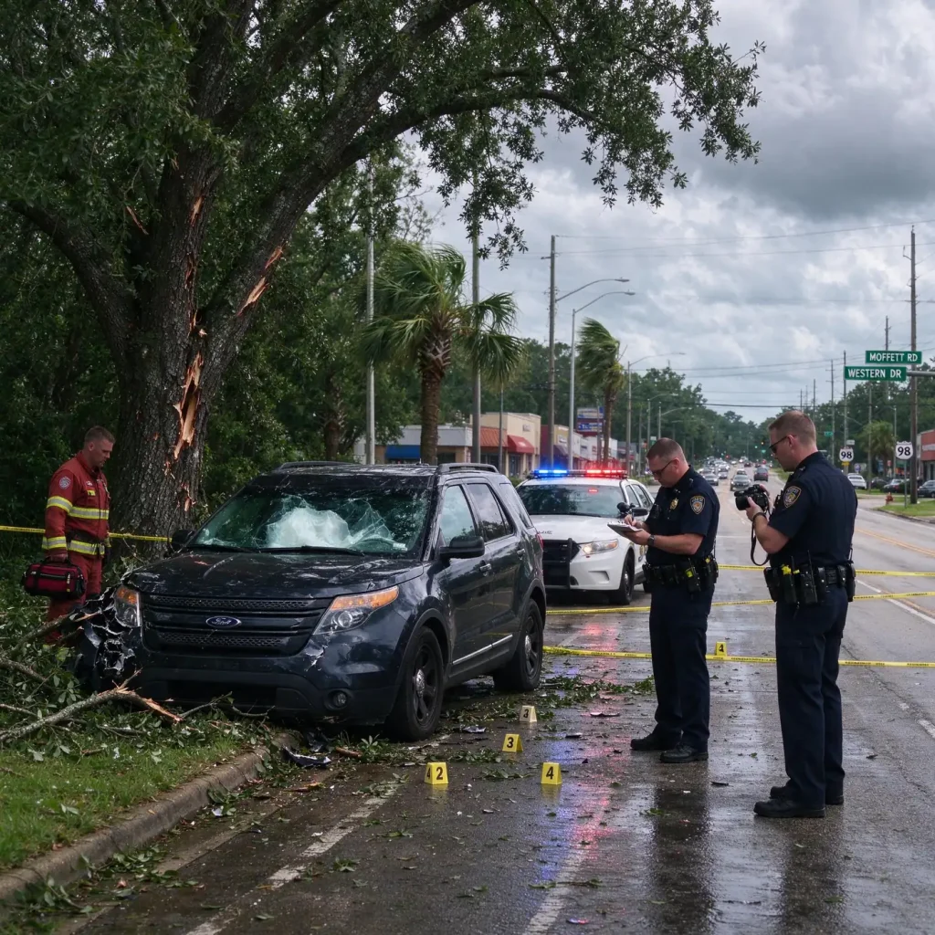 Police tape and an emergency vehicle beside a tree-lined stretch of a four-lane road on an overcast morning