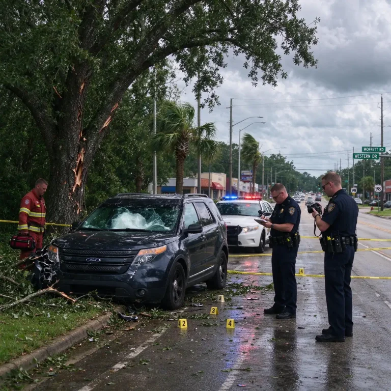 Police tape and an emergency vehicle beside a tree-lined stretch of a four-lane road on an overcast morning