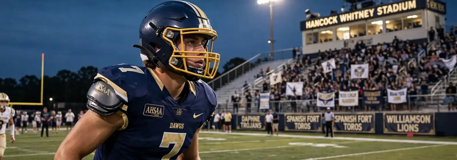 A high school football player in a navy and gold uniform on the sideline of a lighted stadium filled with fans