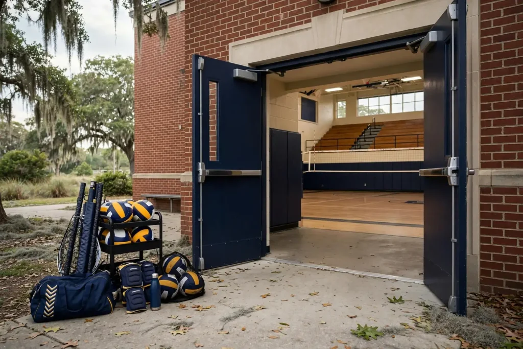 Open doors of a high school gymnasium with volleyballs and gear bags stacked outside