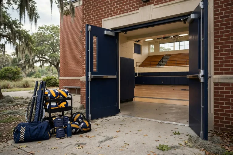 Open doors of a high school gymnasium with volleyballs and gear bags stacked outside