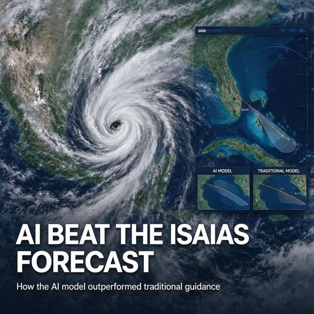 Satellite view of Hurricane Isaias approaching the northern Gulf Coast with forecast track lines over Alabama and the Florida Panhandle