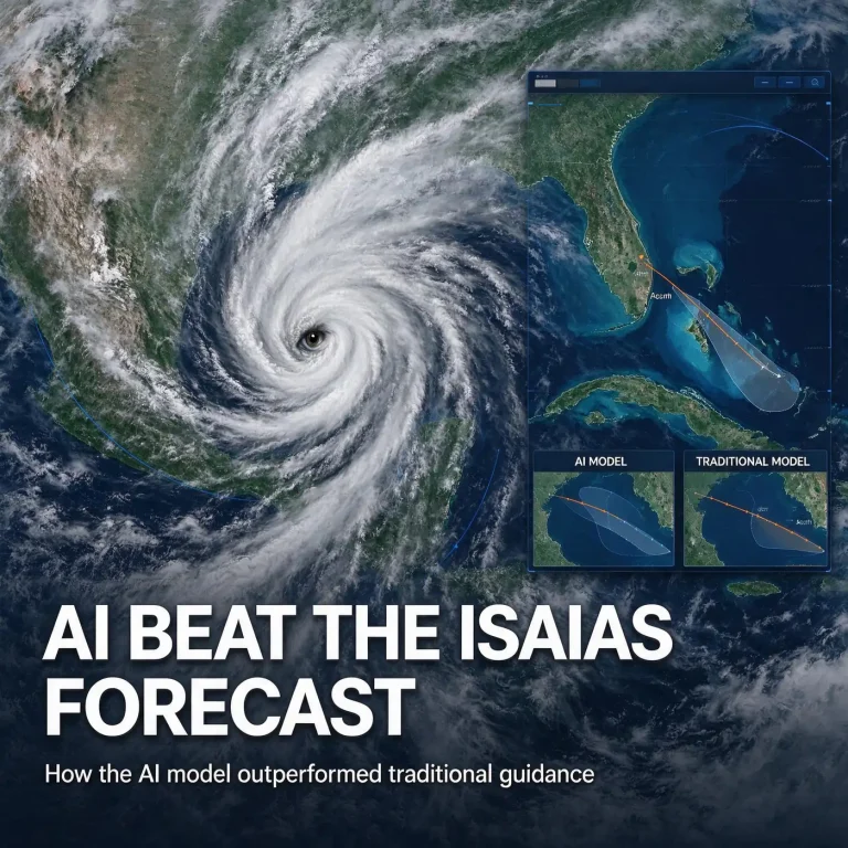 Satellite view of Hurricane Isaias approaching the northern Gulf Coast with forecast track lines over Alabama and the Florida Panhandle