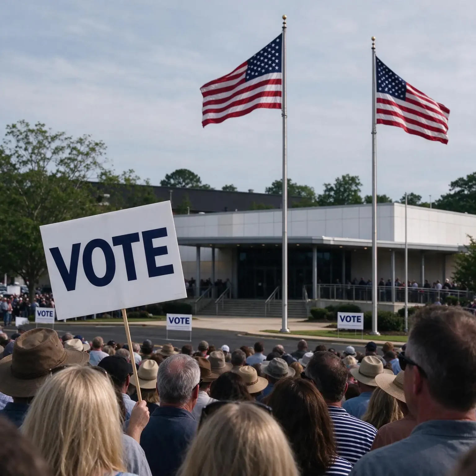 Crowd gathered at an outdoor campaign rally with American flags and a Vote sign