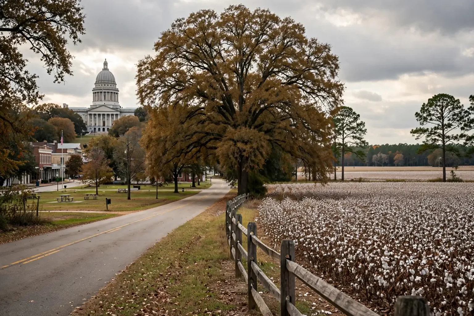 A domed capitol building beyond a small town square and a cotton field, symbolizing the Alabama 2nd District race between Montgomery and the Wiregrass