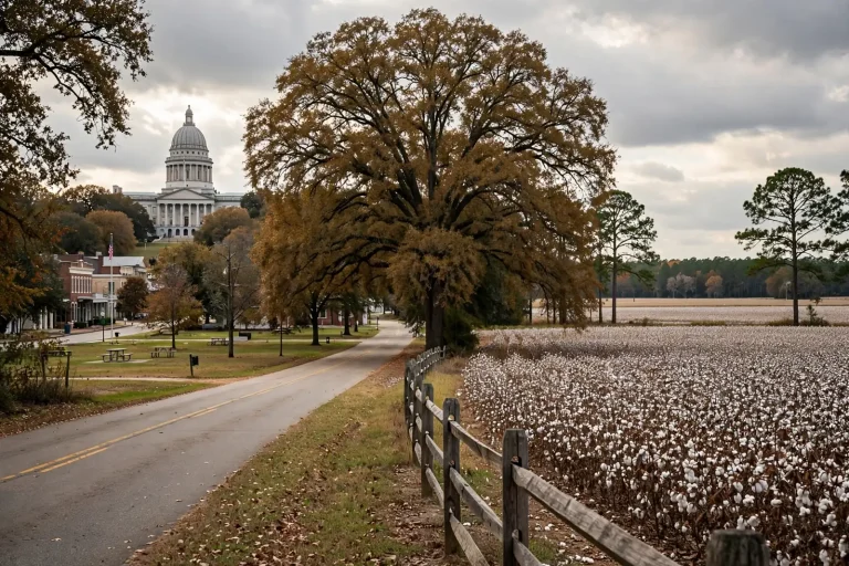 A domed capitol building beyond a small town square and a cotton field, symbolizing the Alabama 2nd District race between Montgomery and the Wiregrass