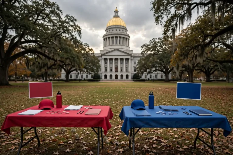 Voters at an Alabama polling place with campaign signs outside, illustrating a close congressional race