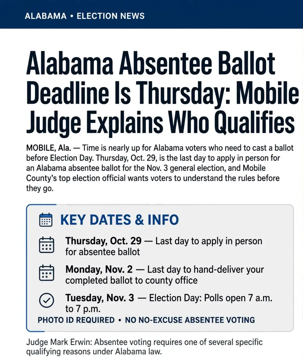 Alabama absentee ballot – Alabama Absentee Ballot Deadline Is Thursday: Mobile County Judge Explains Who Qualifies