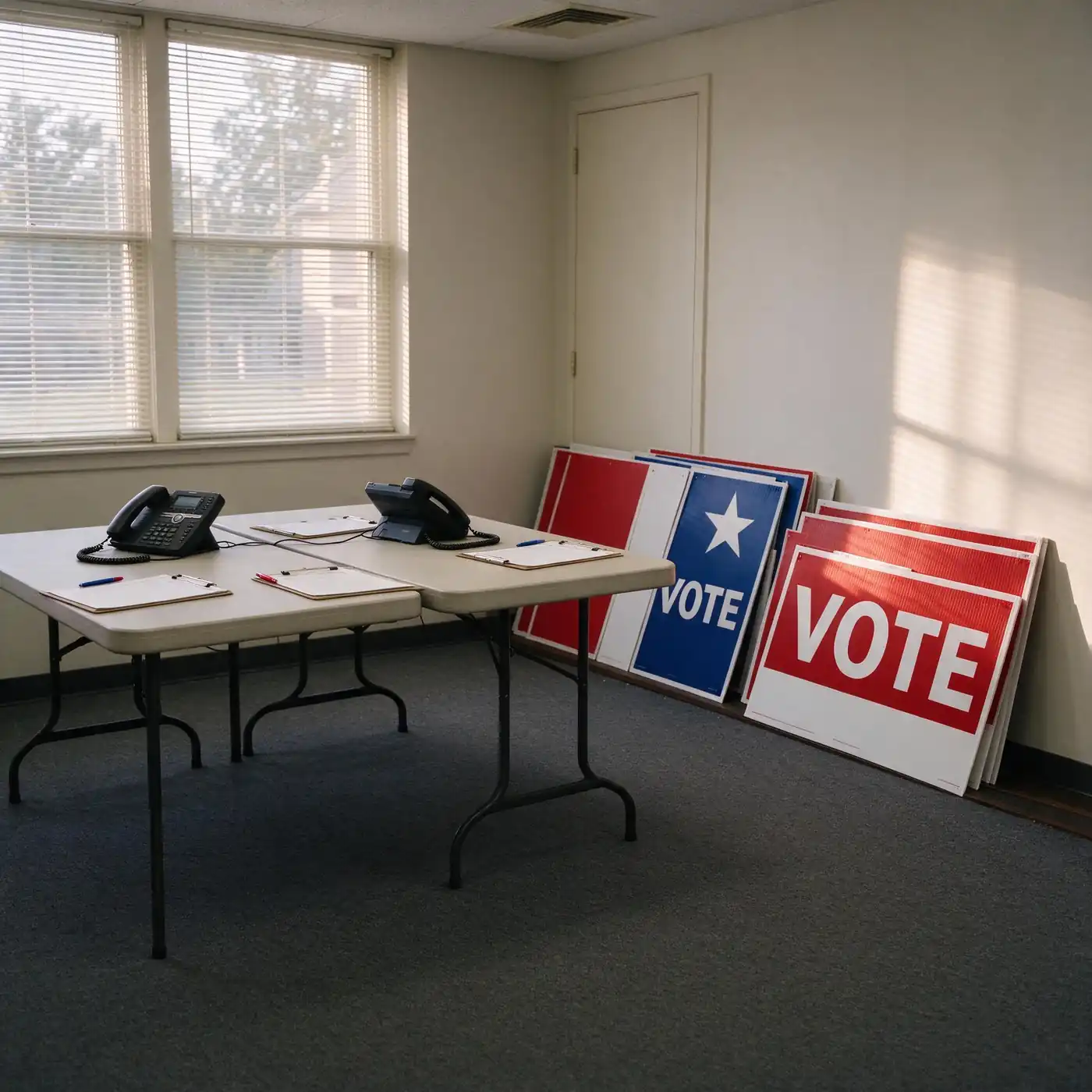 Empty campaign office with folding tables, desk phones, clipboards and red, white and blue vote signs against a wall