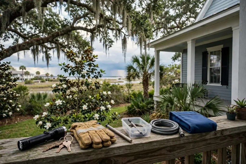 Clipboard checklist on the porch of a quiet coastal Alabama home with closed shutters and palm trees