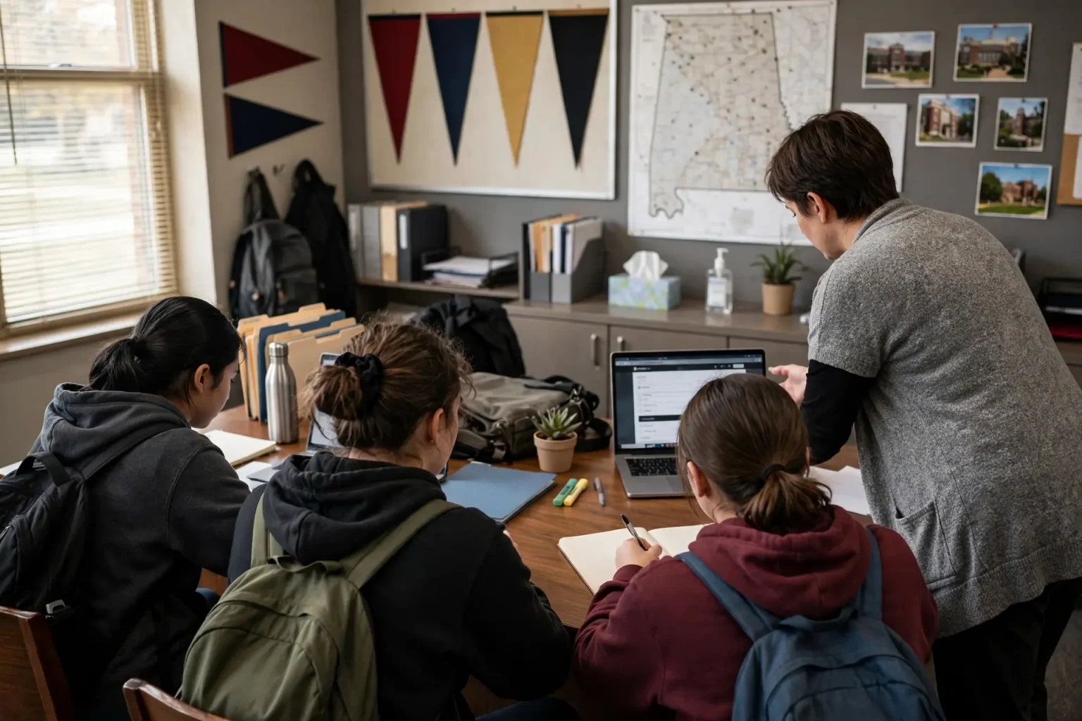 High school senior sitting at a table filling out an online college application on a laptop while a school counselor looks on