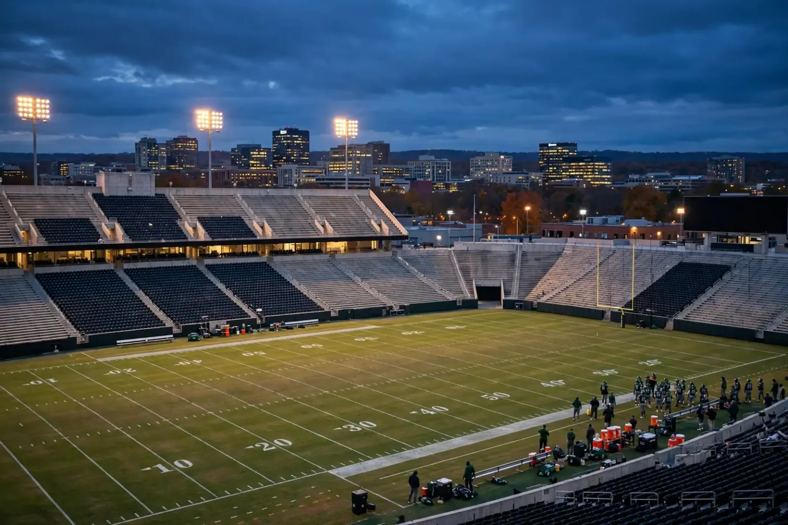 College football players lined up for a snap in a packed stadium