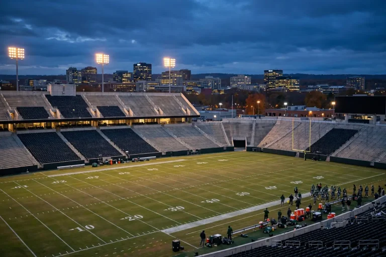 College football players lined up for a snap in a packed stadium