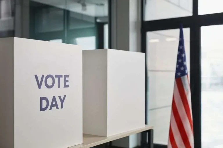 Voting booths with a Vote Day sign next to an American flag