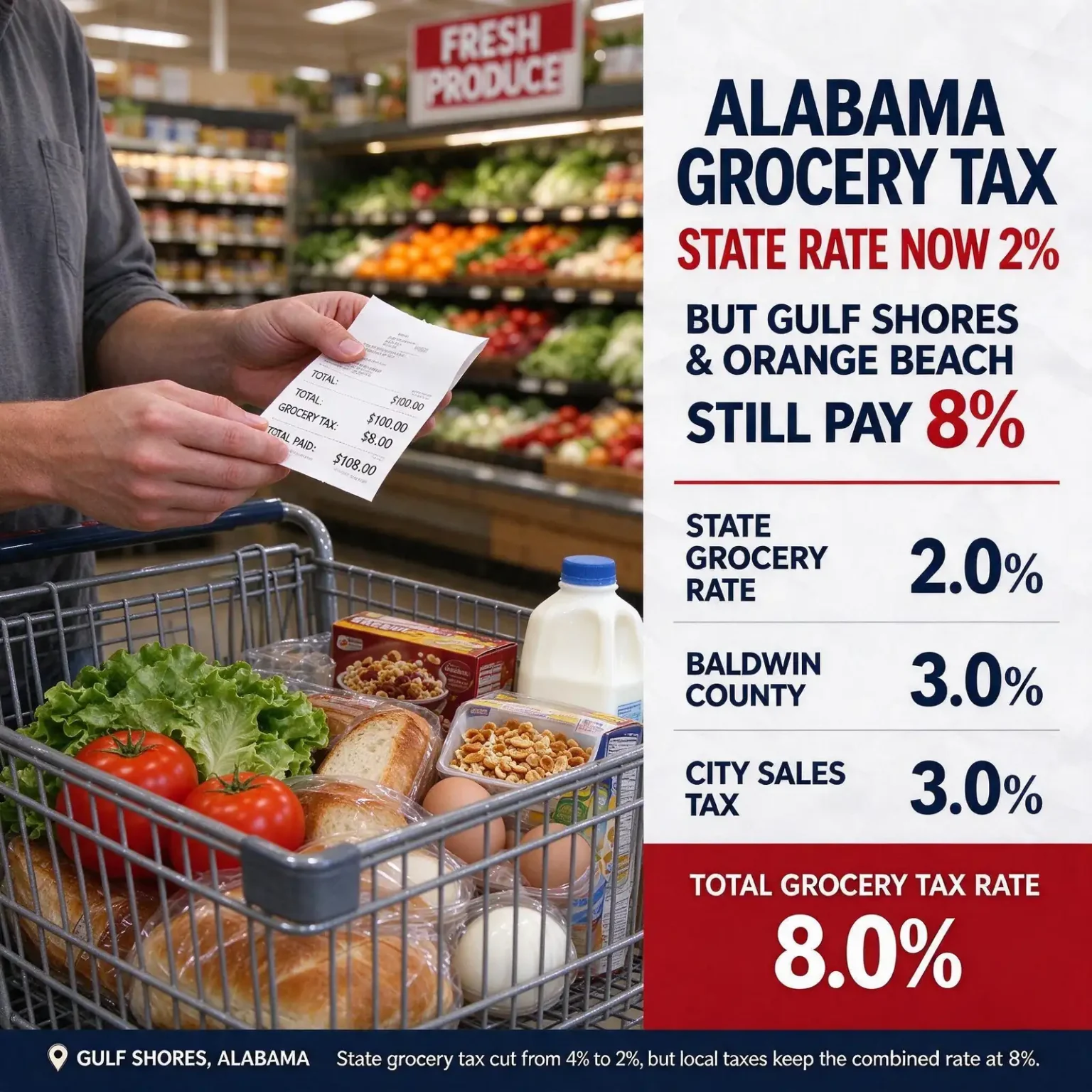 Shopping cart filled with groceries in a supermarket aisle with a printed receipt in the foreground
