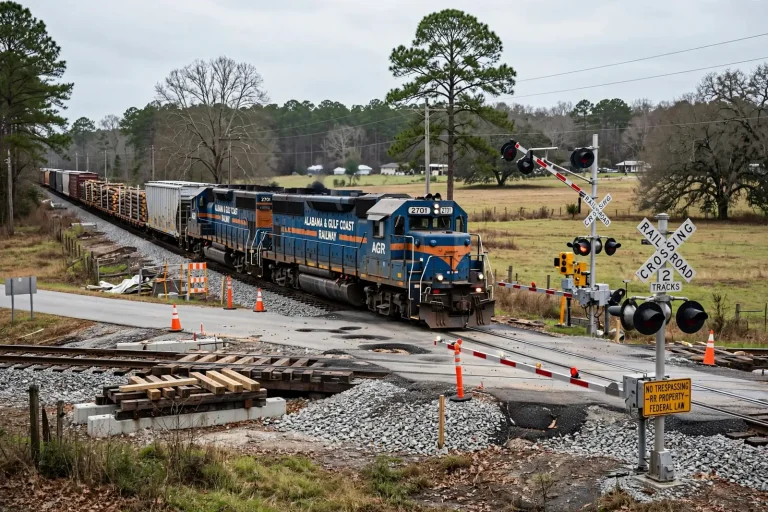 A freight train traveling on a single-track rail line through pine forest and open farmland under a clear sky