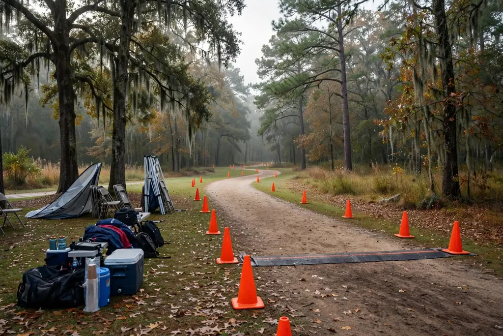 High school cross country runners racing along a grassy course lined with trees
