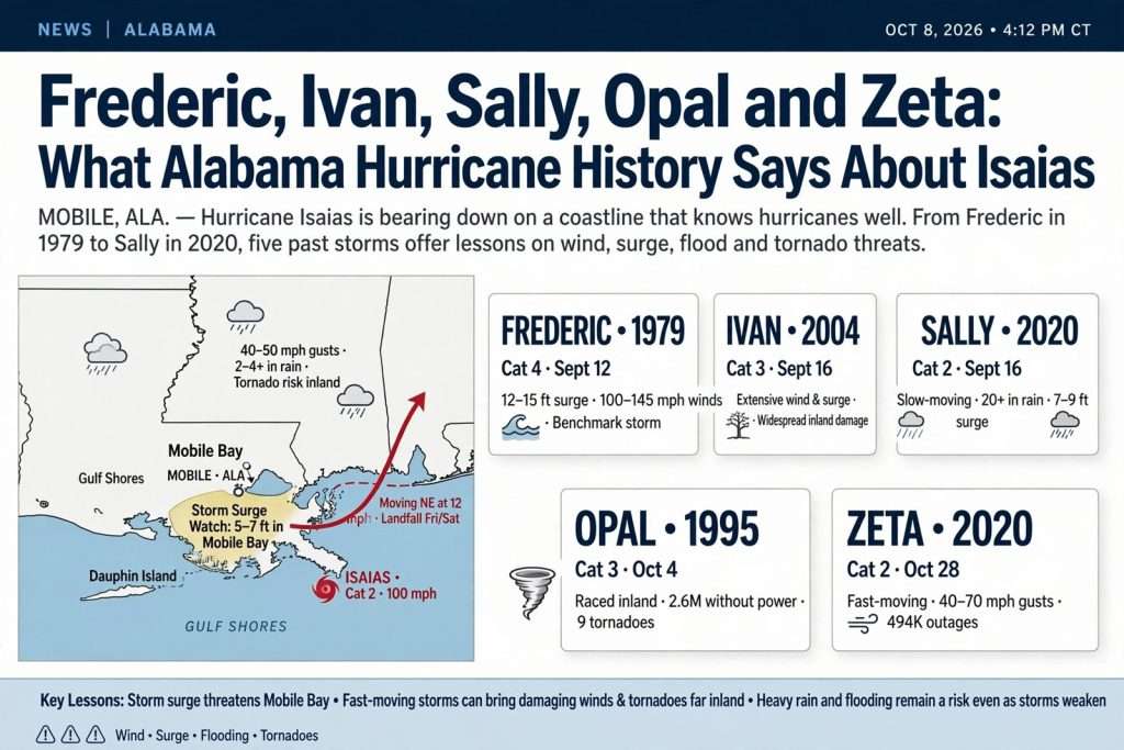 Illustration for the news story: Frederic, Ivan, Sally, Opal and Zeta: What Alabama Hurricane History Says About Isaias