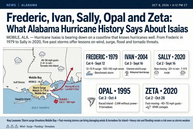 Illustration for the news story: Frederic, Ivan, Sally, Opal and Zeta: What Alabama Hurricane History Says About Isaias