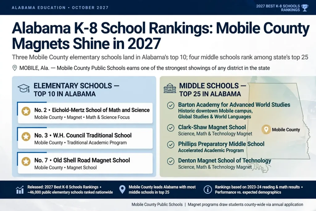 Graphic of 2027 Alabama K-8 school rankings highlighting Mobile County magnet schools