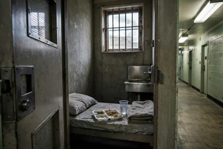 A row of jail cells with closed metal bars along a dim corridor