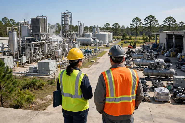 Workers in safety gear inside a manufacturing plant with industrial equipment