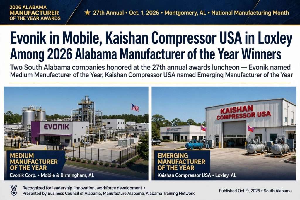 Illustration for the news story: Evonik in Mobile, Kaishan Compressor USA in Loxley Among 2026 Alabama Manufacturer of the Year Winners