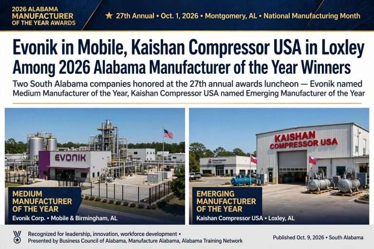 Illustration for the news story: Evonik in Mobile, Kaishan Compressor USA in Loxley Among 2026 Alabama Manufacturer of the Year Winners