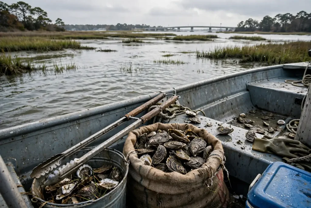 Oyster harvesters using hand tongs from a small boat on calm bay waters near a causeway and bridge at Dauphin Island