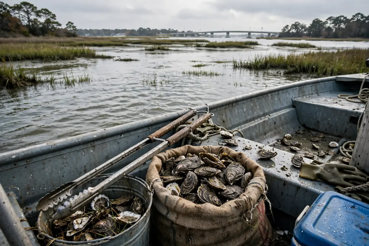 Oyster harvesters using hand tongs from a small boat on calm bay waters near a causeway and bridge at Dauphin Island