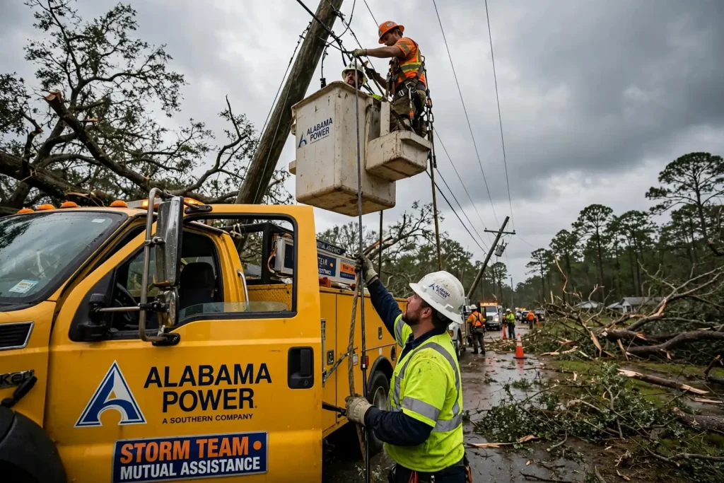 Alabama Power lineman in a bucket truck repairing lines among storm-damaged trees