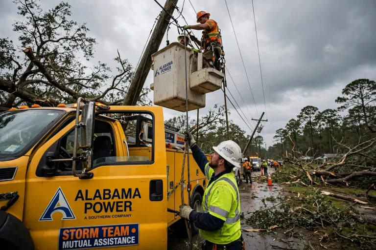 Alabama Power lineman in a bucket truck repairing lines among storm-damaged trees