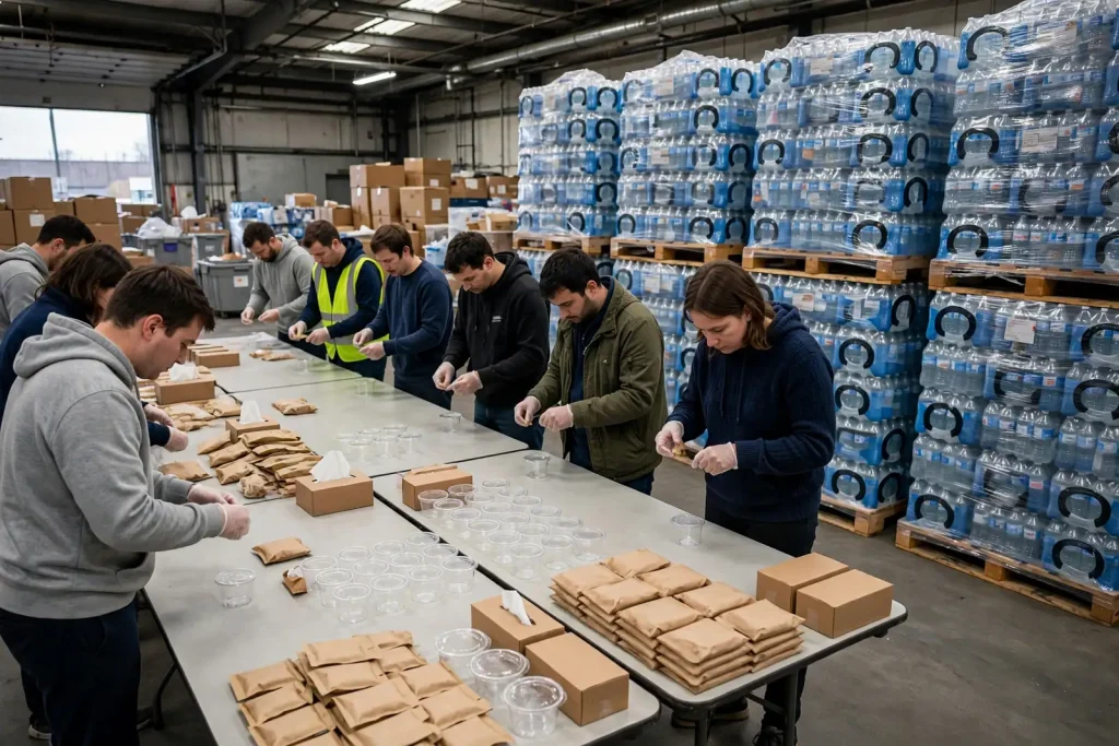 Volunteers filling sealable bags with shelf-stable food items on long tables
