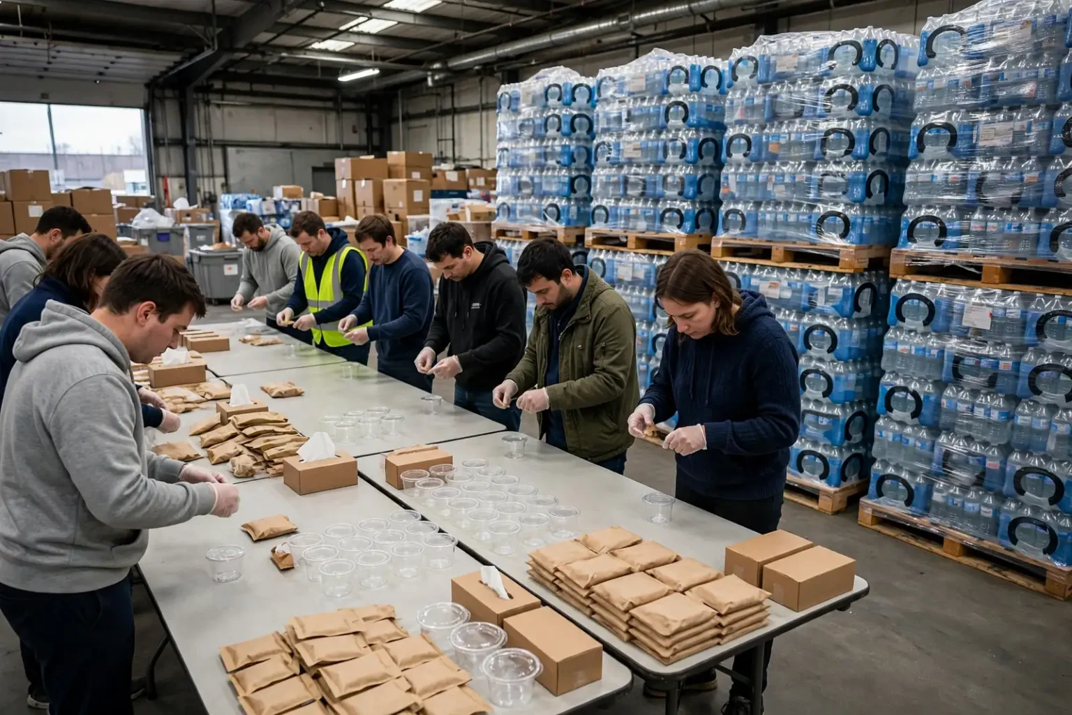 Volunteers filling sealable bags with shelf-stable food items on long tables