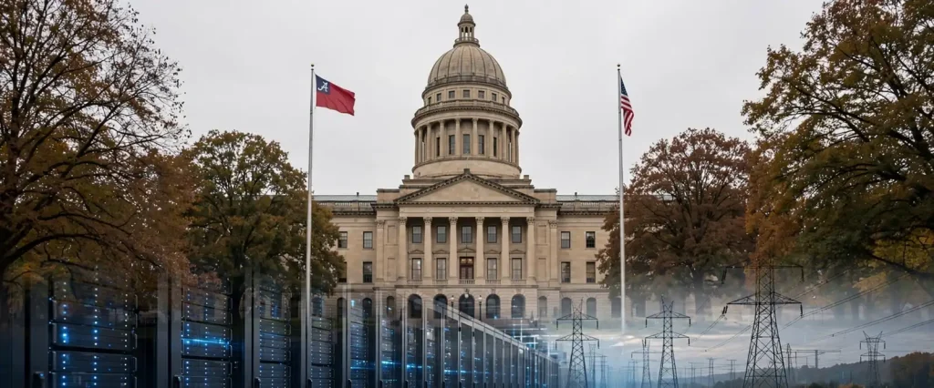 A domed state capitol building flanked by rows of illuminated data servers and electric transmission towers
