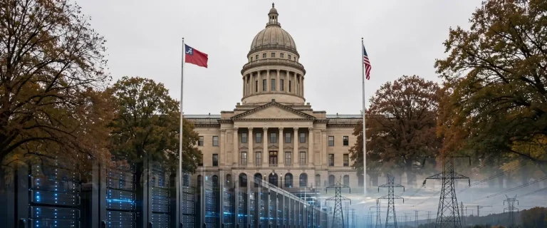 A domed state capitol building flanked by rows of illuminated data servers and electric transmission towers