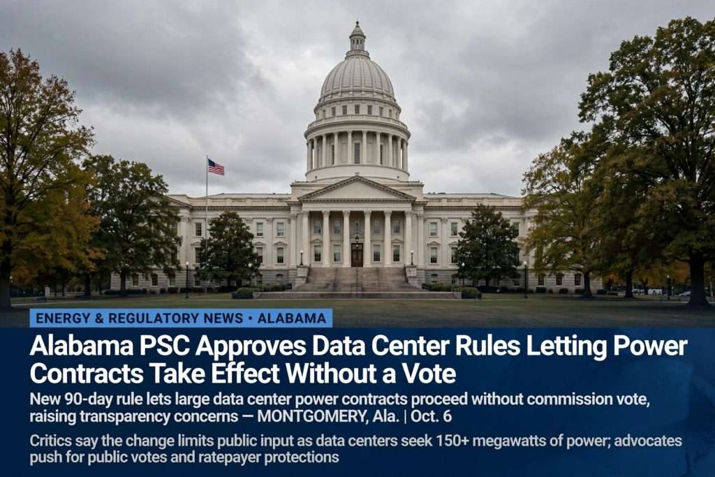 Illustration for the news story: Alabama PSC Approves Data Center Rules Letting Power Contracts Take Effect Without a Vote