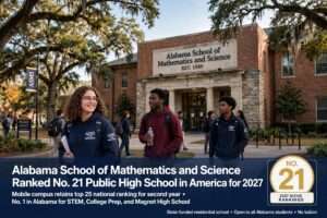 Students outside the Alabama School of Mathematics and Science in Mobile with a No. 21 Niche 2027 ranking badge
