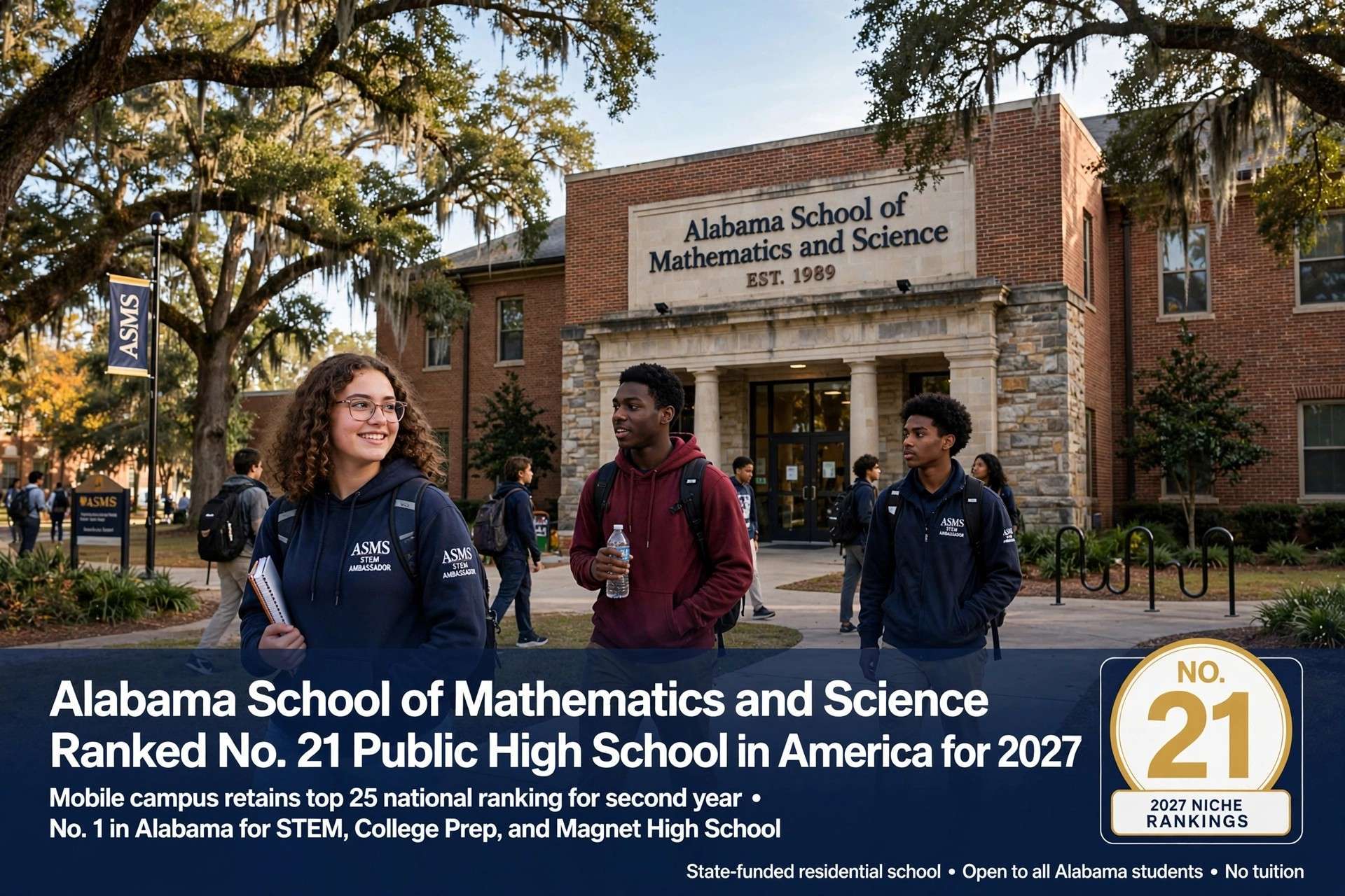 Students outside the Alabama School of Mathematics and Science in Mobile with a No. 21 Niche 2027 ranking badge