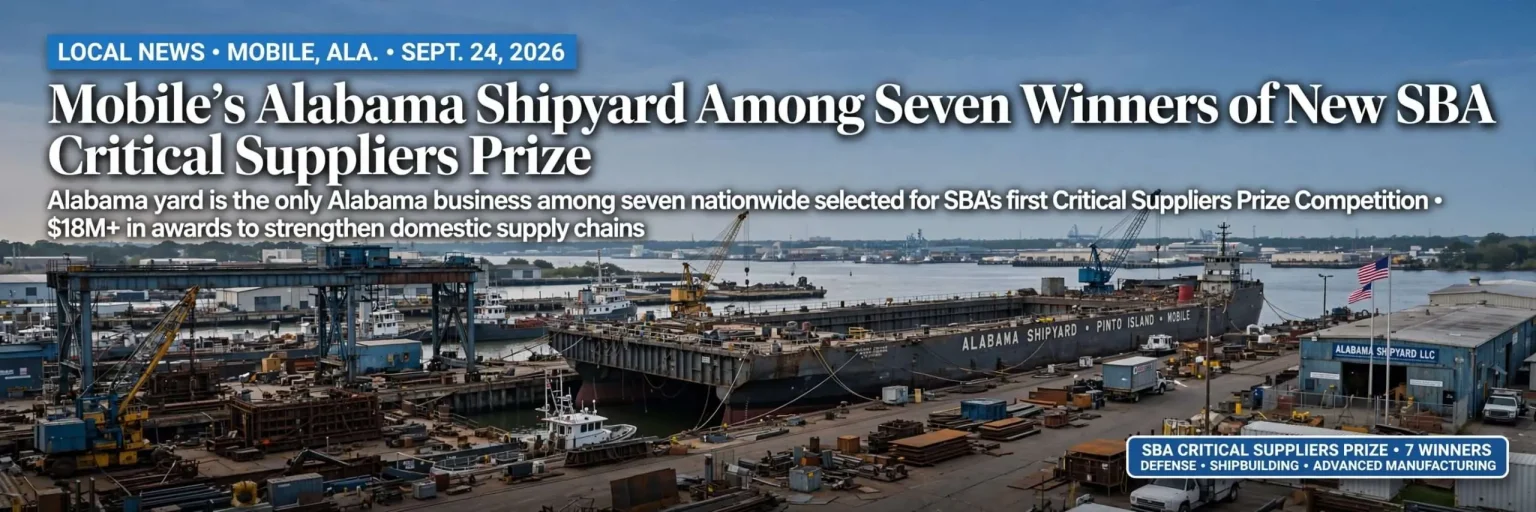 Waterfront shipyard on the Mobile River with a large floating drydock, cranes and steel fabrication yard