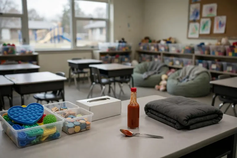 Empty elementary school classroom with small desks and chairs