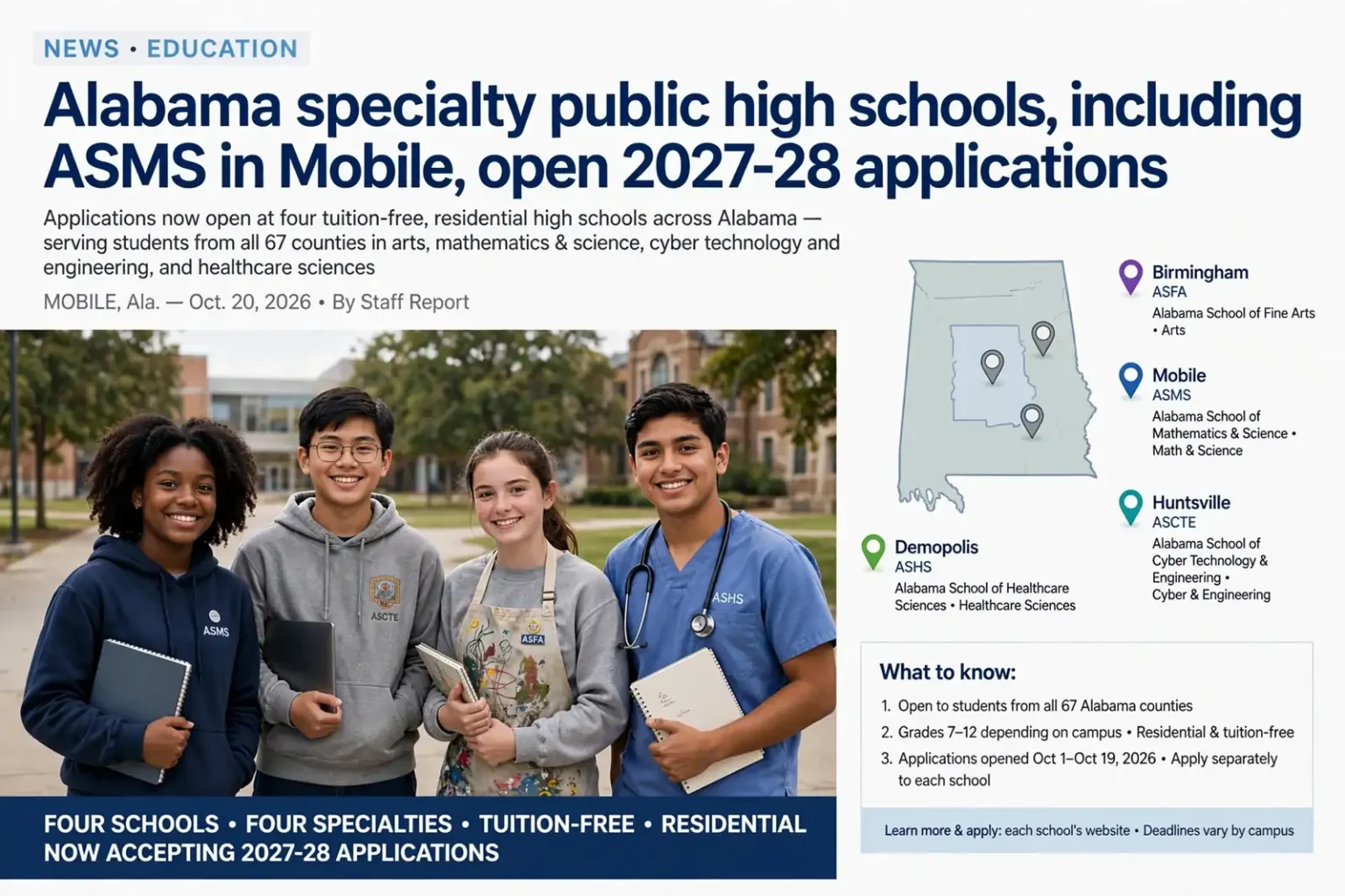 Four Alabama high school students holding books beside a map of Alabama marking specialty public high school locations