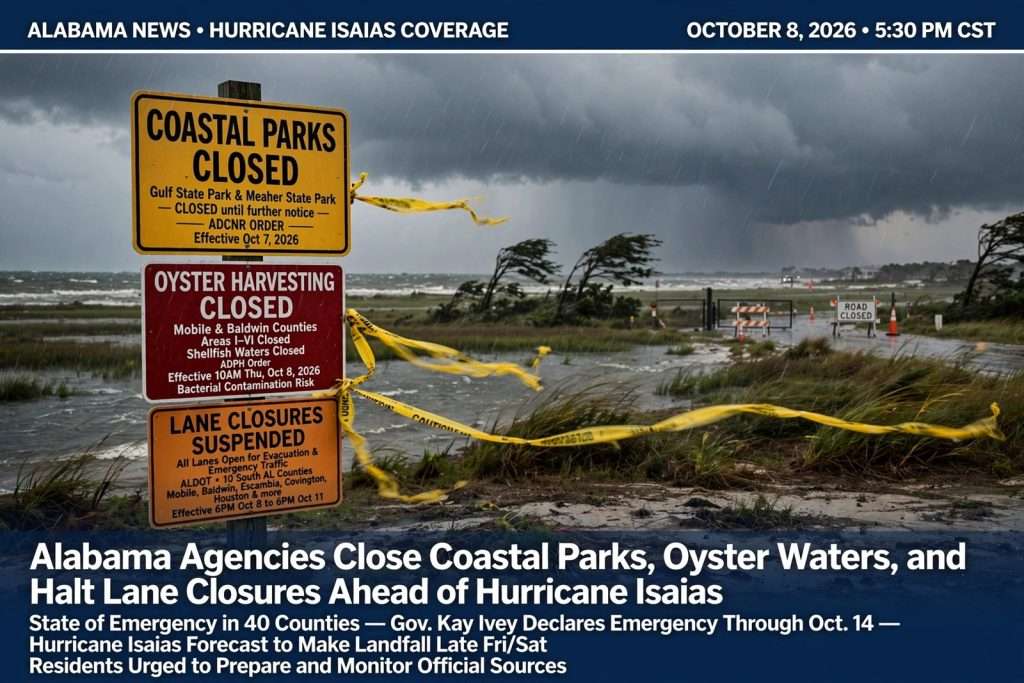 Illustration for the news story: Alabama State Agencies Close Coastal Parks, Oyster Waters and Halt Lane Closures Ahead of Hurricane Isaias